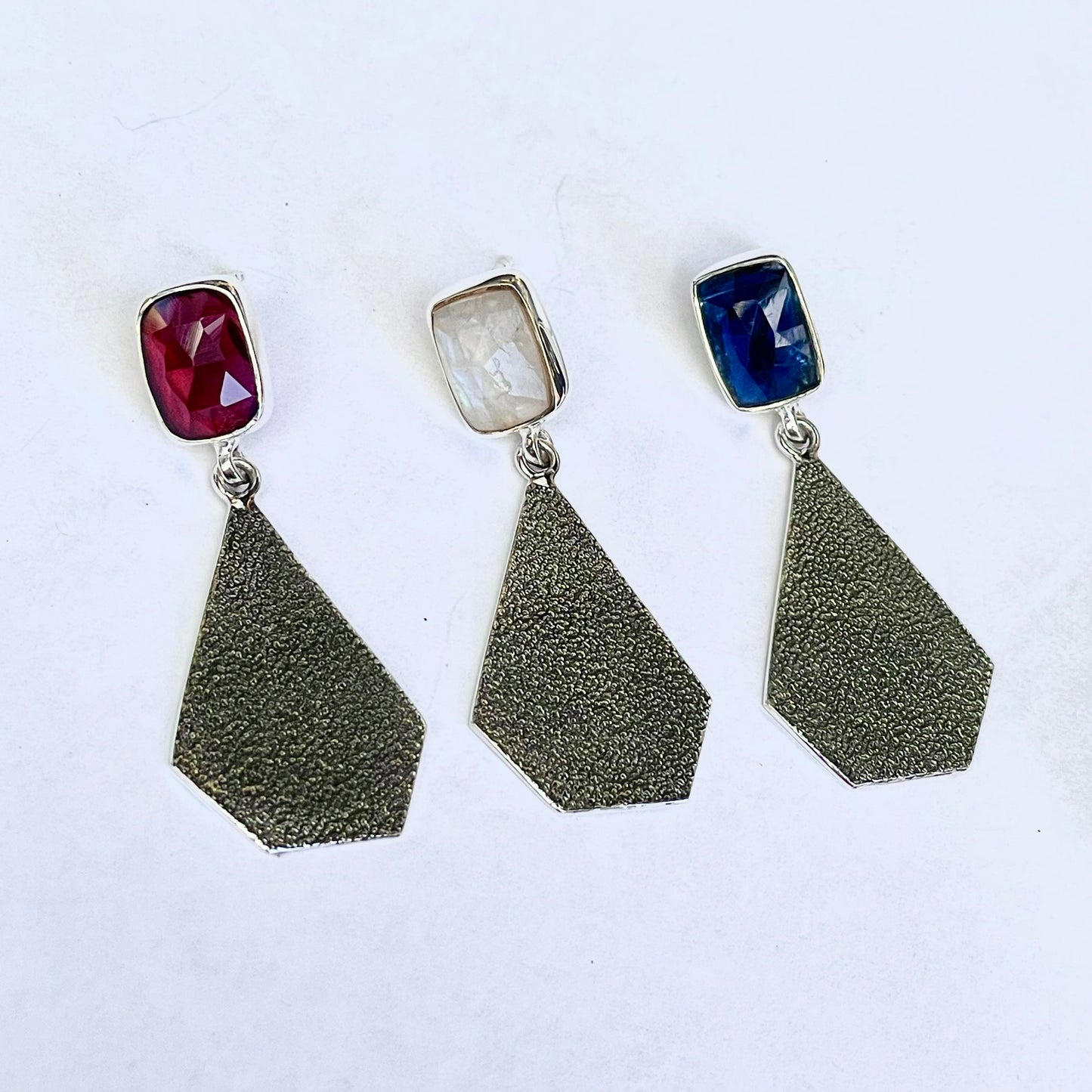A selection of earrings made from Garnet, Moonstone and Kyanite.