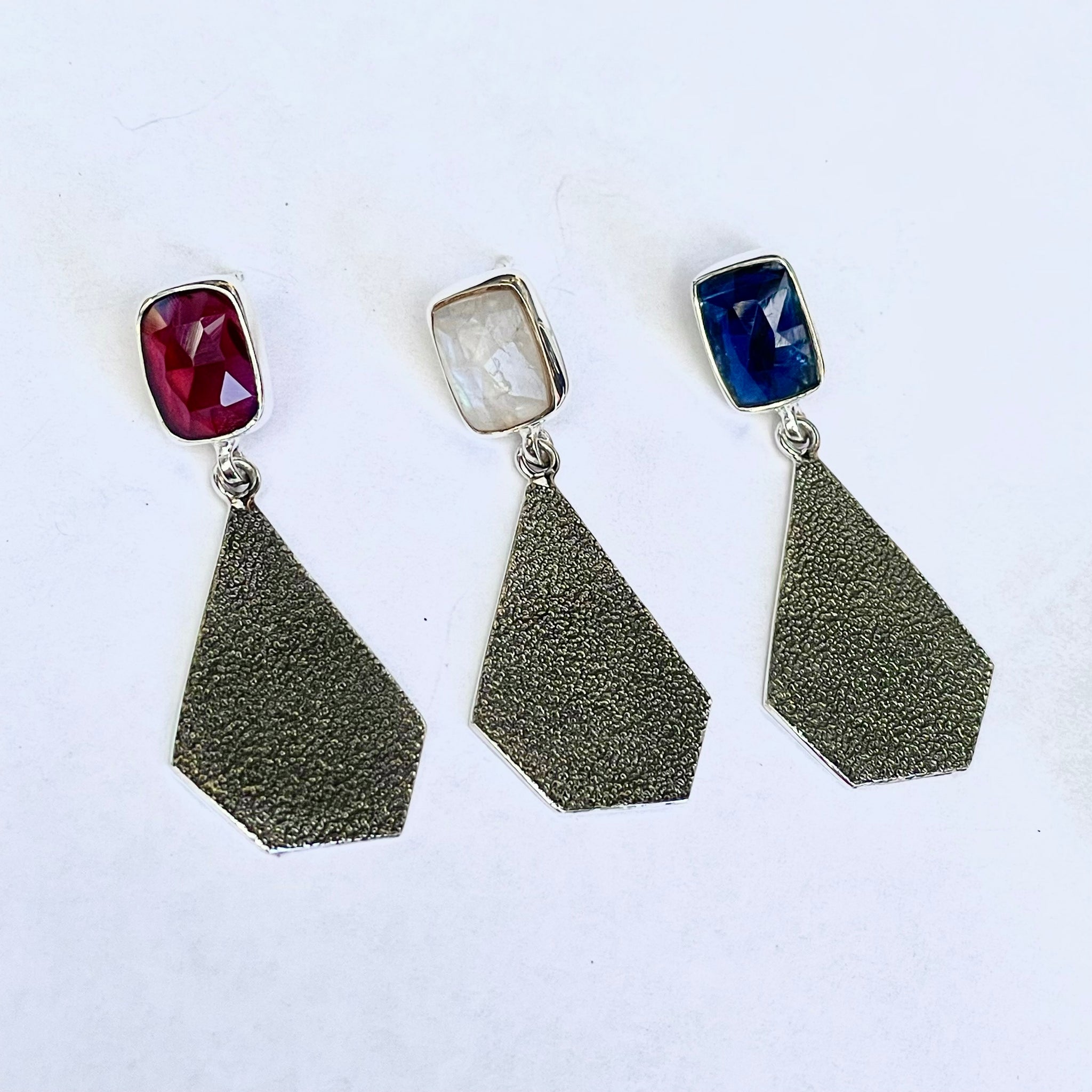 A selection of earrings made from Garnet, Moonstone and Kyanite.